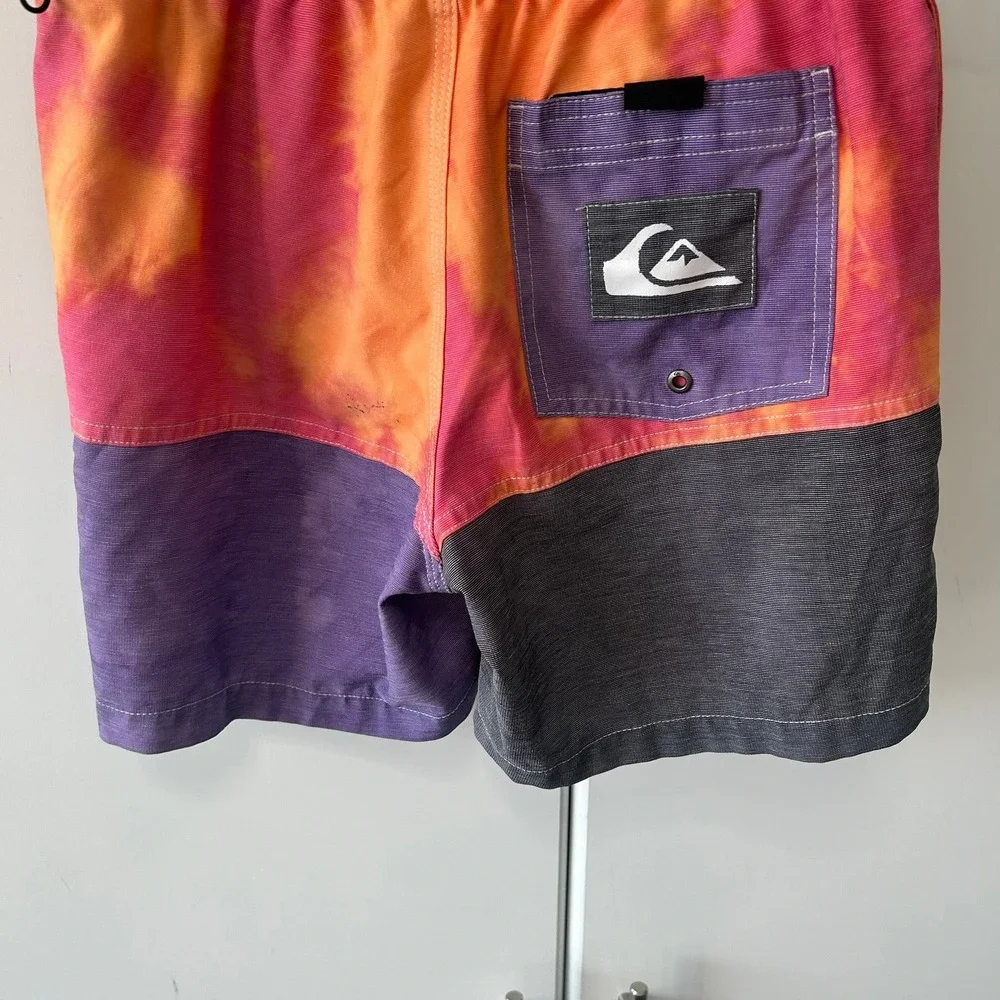 Quiksilver Boys Orange Pink Tie Dye Board Shorts Logo Swim Trunks Size L 14